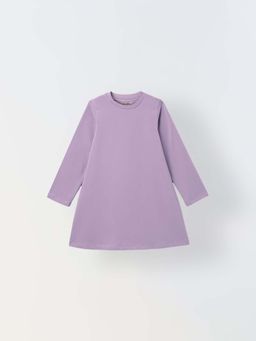 Spunkies - Girls Purple Solid Round Long Sleeves A-Line Dress