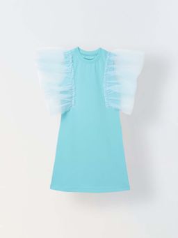 Spunkies - Girls Blue Solid Round Neck Dress