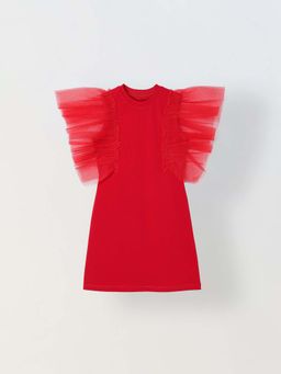 Spunkies - Girls Red Solid Round Neck Dress