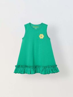 Spunkies - Girls Green Crochet Floral Round Neck A-Line Dress