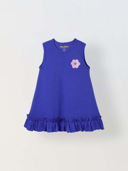 Spunkies - Girls Blue Crochet Floral Round Neck A-Line Dress