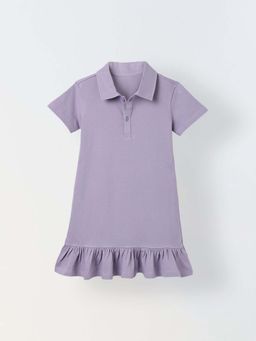 Spunkies - Girls Purple Solid Collared Short Sleeves T-Shirt Dress