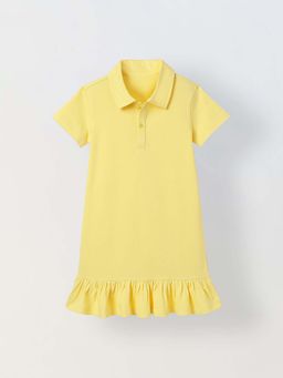 Spunkies - Girls Yellow Solid Collared Short Sleeves T-Shirt Dress