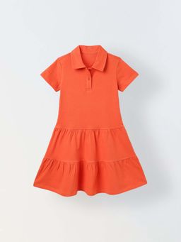 Spunkies - Girls Red Solid Collared Short Sleeves Dress