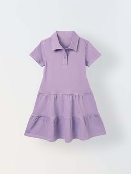 Spunkies - Girls Purple Solid Collared Short Sleeves Dress