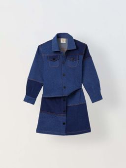 Spunkies - Girls Navy Blue Collared Long Sleeves Shirt And Skirt