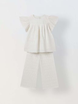 Spunkies - Girls White Embroidered Round Neck Co-Ord Set