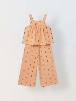 Spunkies - Girls Peach Printed Sleeveless Co-Ord Set