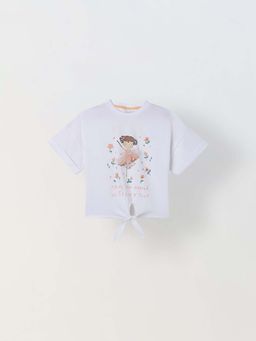 Spunkies - Girls White Graphic Print Crew Neck Short Sleeves Knot Detailed Top