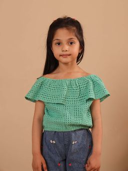 Spunkies - Girls Green All-Over Eyelet Bardot Neck Top
