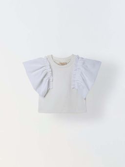 Spunkies - Girls White Round Neck Ruffled Sleeves Top