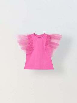Spunkies - Girls Pink Round Neck Ruffled Sleeves Top