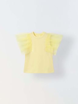Spunkies - Girls Yellow Round Neck Ruffled Sleeves Top