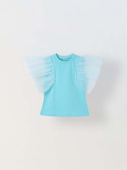 Spunkies - Girls Light Blue Round Neck Ruffled Sleeves Top