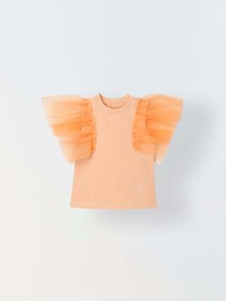 Spunkies - Girls Orange Round Neck Ruffled Sleeves Top