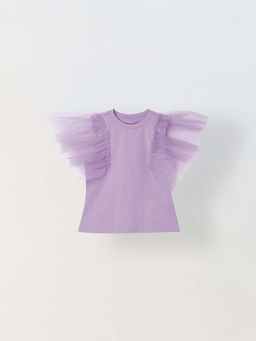 Spunkies - Girls Purple Round Neck Ruffled Sleeves Top