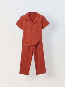 Spunkies - Boys Rust Solid Collar Short Sleeves Co-Ord Set