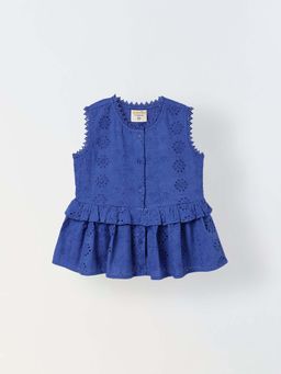 Spunkies - Girls Blue Embroidered Round Neck A-Line Dress