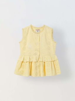 Spunkies - Girls Yellow Embroidered Round Neck A-Line Dress