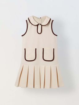 Spunkies - Girls Cream Solid Peter Pan Collar A-Line Dress