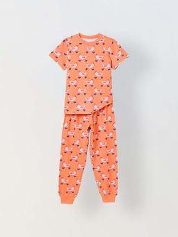 Spunkies - Girls Orange All Over Printed Crew Neck Co-Ord Set