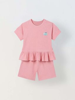 Spunkies - Girls Pink Textured Round Neck Peplum Top And Shorts