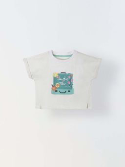 Spunkies - Girls White Graphic Print Round Neck Cap Sleeves Top