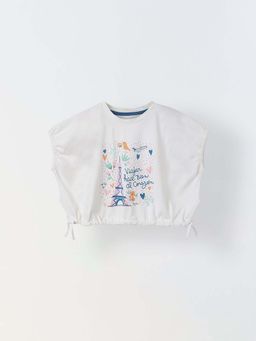 Spunkies - Girls White Printed Crew Neck Top