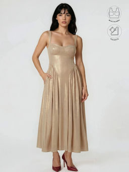 BUTTERSCOSH - Women Calypsa Champagne Gold Shimmering Maxi Flare Dress with Built-In Bra