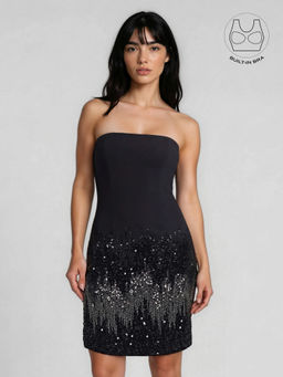 BUTTERSCOSH - Women Tatiana Black Strapless Embroidered Cocktail Dress with Built-In Bra