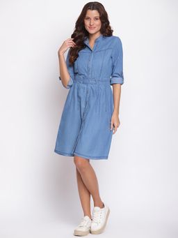 Latin Quarters - Solid Roll Up Sleeve Fit & Flare Dress Blue