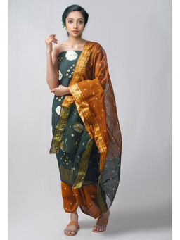 Unnati Silks - Unstitched Dark Green Ochre Pure Bandhani Cotton Salwar Kameez (Set of 3)