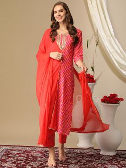 Gahan - Cotton Blend Leheriya Stripes Yoke Embroidered Pink Kurta, Pant & Dupatta (Set of 3)