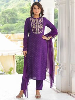 Gahan - Cotton Blend Yoke Embroidered Embellished Purple Kurta, Pant & Dupatta (Set of 3)