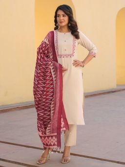 Gahan - Cotton Blend Yoke Embroidered Cream Kurta, Pant & Ikat Printed Dupatta (Set of 3)