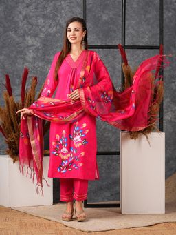 Gahan - Cotton Blend Hand Painted Floral Flared Rani Pink Kurta, Pant & Dupatta (Set of 3)