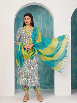 Gahan - Cotton Blend Jaipuri Printed Straight Kurta, Pant & Colorblock Dupatta (Set of 3)