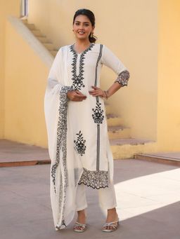 Gahan - Abstract Floral Embroidered Cotton Blend Straight White Kurta, Pant & Dupatta (Set of 3)