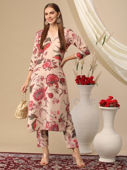 Gahan - Floral Abstract Cotton Blend Straight Beige Printed Kurta with Pant (Set of 2)