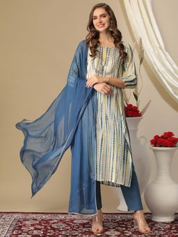 Gahan - Cotton Blend Tie & Dye Yoke Embroidered Straight Blue Kurta, Pant & Dupatta (Set of 3)