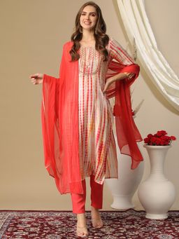 Gahan - Cotton Blend Tie & Dye Yoke Embroidered Straight Orange Kurta, Pant & Dupatta (Set of 3)