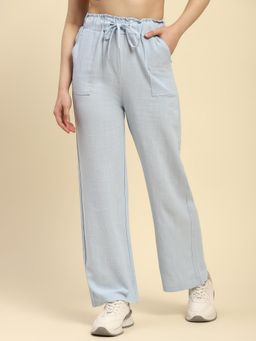 Global Republic - Womens Blue Cotton Linen Solid Relaxed Fit Trouser