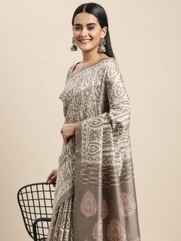 Odette - Bhagalpuri Silk Grey Printed Saree with Unstitched Blouse