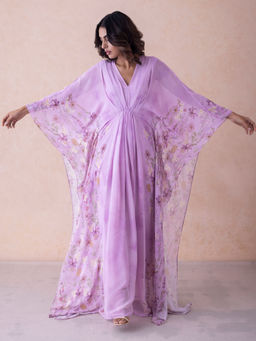 Sindh Fashion - Lavender Semi Crepe Floral Print Kaftan Dress with Inner (Set of 2)