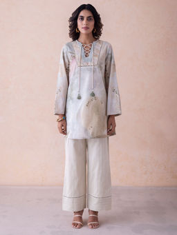 Sindh Fashion - Off White Linen Printed Kurta with Pant (Set of 2)