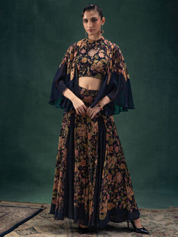 Sindh Fashion - Navy Blue Floral Embroidered Cape Top with Lehenga (Set of 2)