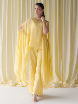 Sindh Fashion - Yellow Organza Embroidered Cape Top with Inner and Palazzo (Set of 3)