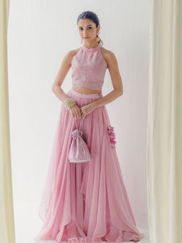 Sindh Fashion - Pink Chiffon Floral Embroidered Crop Top with Lehenga (Set of 2)