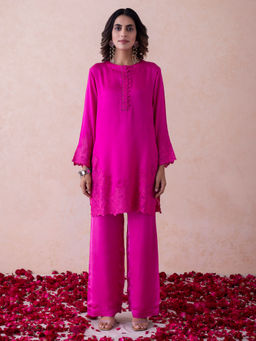 Sindh Fashion - Pink Satin Silk Patch Work Pant and Kurta (Set of 2)