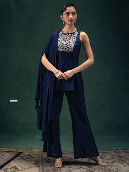 Sindh Fashion - Navy Blue Raw Silk Embroidered Co-Ord (Set of 2)